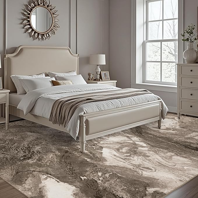 Abstract 9x12 Area Rugs: Modern Washable Rug for Living Room Bedroom Dining Room Indoor - Thin Low Pile Non-Slip Large Carpet - Beige Brown