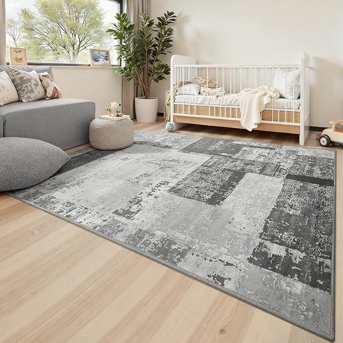 LOCHAS Rug for Living Room, Washable Soft Area Rugs for Bedroom 8x10, Abstract Carpet for Indoor Office Kids Dining Room Nursery Floor, Grey Geometric Vintage Home Decor, Non Slip, Pet Child Friendly