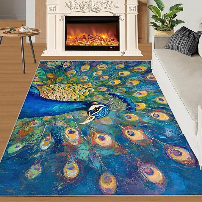 Peacock Rug Small - 3x4 Rug, Turquoise Teal Peafowl Washable Rugs for Living Room, Peafowl Decor Carpet, Modern Style Non-Slip Area Rugs for Bedroom, Aesthetics Carpet - Peafowl Home Decor & Gifts