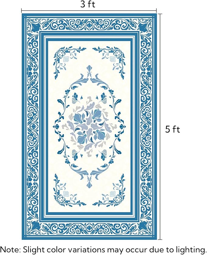SOULFUL Medium Pile 3x5 Area Rug - Cozy Soft Underfoot Small Entryway Rug - Blue Boho Floral - Washable Non-Slip - Perfect for Living Room Bedroom Foot Kids Room Reading Nook