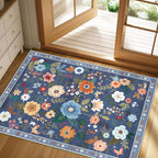 Floral 2x3 Area Rug Machine Washable Soft Print Boho Carpet Non Slip Doormat Low Pile Flower Area Rugs for Living Room Bedroom Nursery Kitchen Dining Room Indoor-Blue/Grey