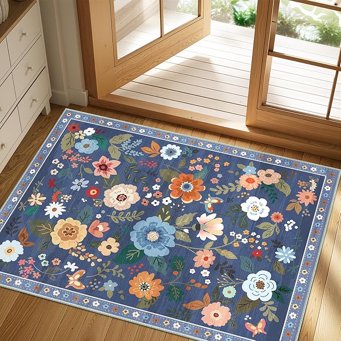 Floral 2x3 Area Rug Machine Washable Soft Print Boho Carpet Non Slip Doormat Low Pile Flower Area Rugs for Living Room Bedroom Nursery Kitchen Dining Room Indoor-Blue/Grey