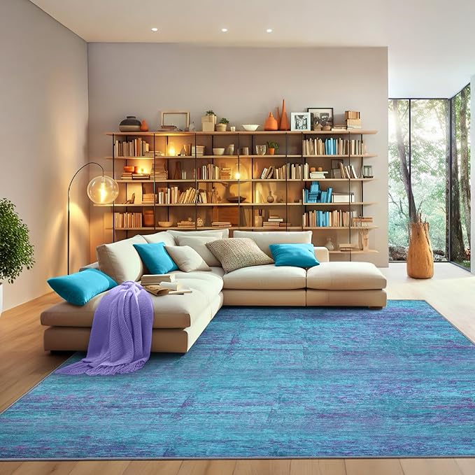 Abstract 4x6 Area Rug, Modern Indoor Entryway Rugs, Washable Soft Non-Slip Accent Carpet Door Mat for Dining Room Kitchen Bedroom - Teal+Purple