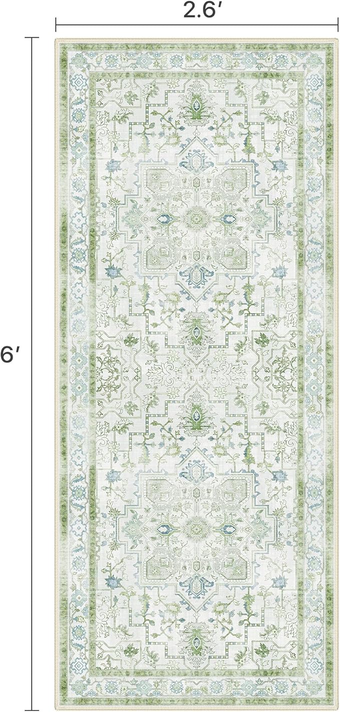 Runner Rug 2'6''x6 Non Slip Machine Washable Vintage Hallway Runner Rug, Low PileLight Weight Rugs for Entryway, Hallway, Kitchen and Corridor, Cream Green