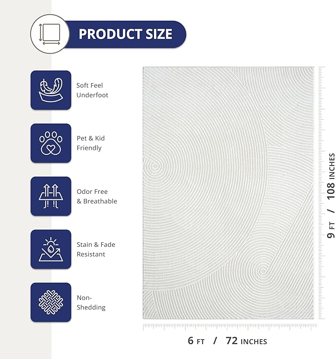 Abani Cream Area Rug 6' x 9' for Living Room, Bedroom - Zen Reiki Circles Pattern - Durable & Easy to Clean