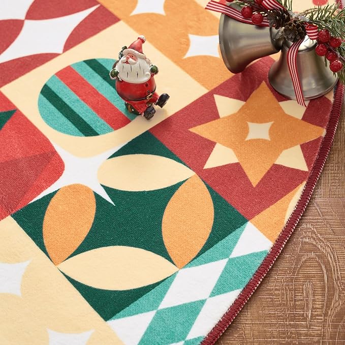 jinchan Round Christmas Rug 5ft for Living Room Washable Circle Christmas Bedroom Rug 5' Round Xmas Geometric Non-Slip Soft Carpet Festive Red-Green Holiday Patch Decor for Entryway Porch Kitchen