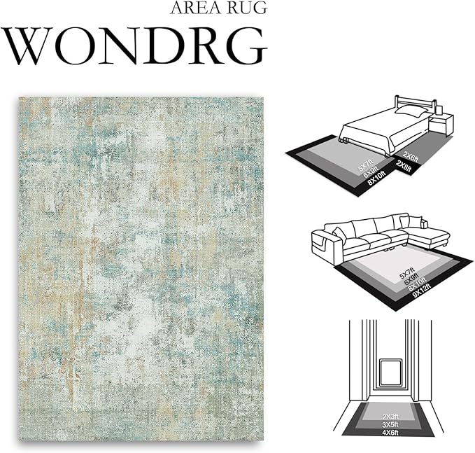 10x12 Area Rug Teal Beige Abstract Living Room Bedroom Washable Carpet Neutral Modern Non-Slip Soft Low Pile Lightweight Vacuumable Large Throw Rug for Dining Room
