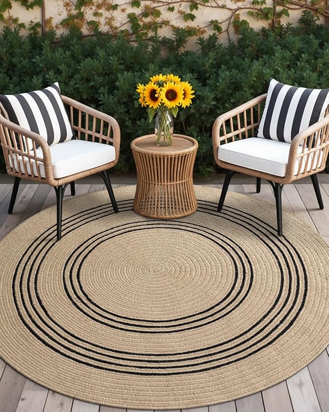 DEXI Round Jute Rug Natural Fiber 5x5, Braided Woven Area Rugs No Shed, Soft Neutral Rustic Carpet Mat for Indoor Outdoor Patio Dining Living Room Bedroom Farmhouse, 5ft, Beige/Black
