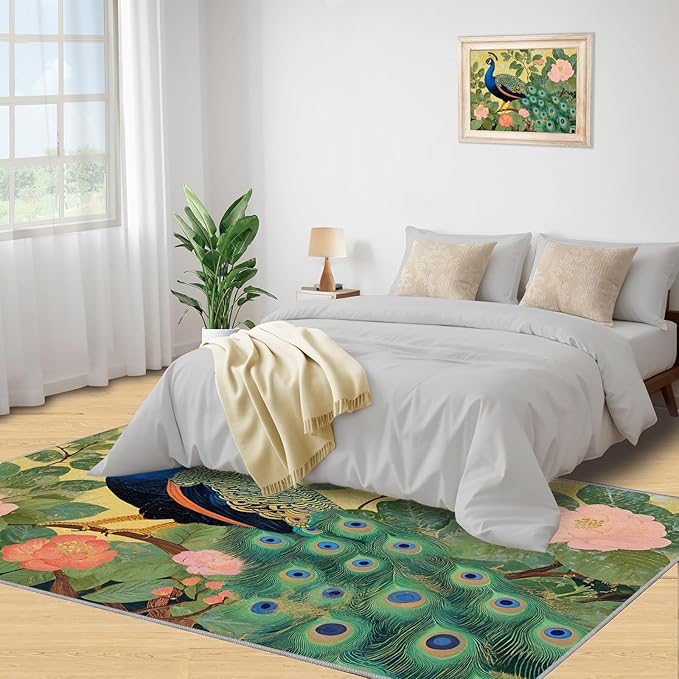 Peacock Peony Rugs for Bedroom - 4x6 Rug, Peacock Decor Area Rugs for Living Room, Peony Flower Carpet, Floral Animal Washable Area Mat, Aesthetics Carpet - Peafowl Home Decor & Gifts