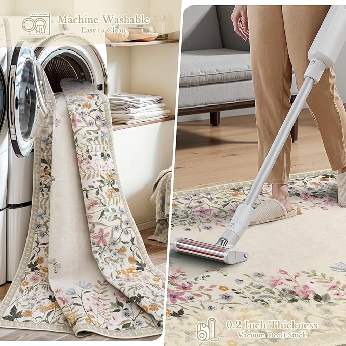 Wonnitar Washable 4x6 Rug for Bedroom, Floral Print Area Rug for Living Room, Non-Slip Entryway Throw Mat, Low Pile Botanical Area Rug Floor Carpet for Bedside (Beige,4'x6')