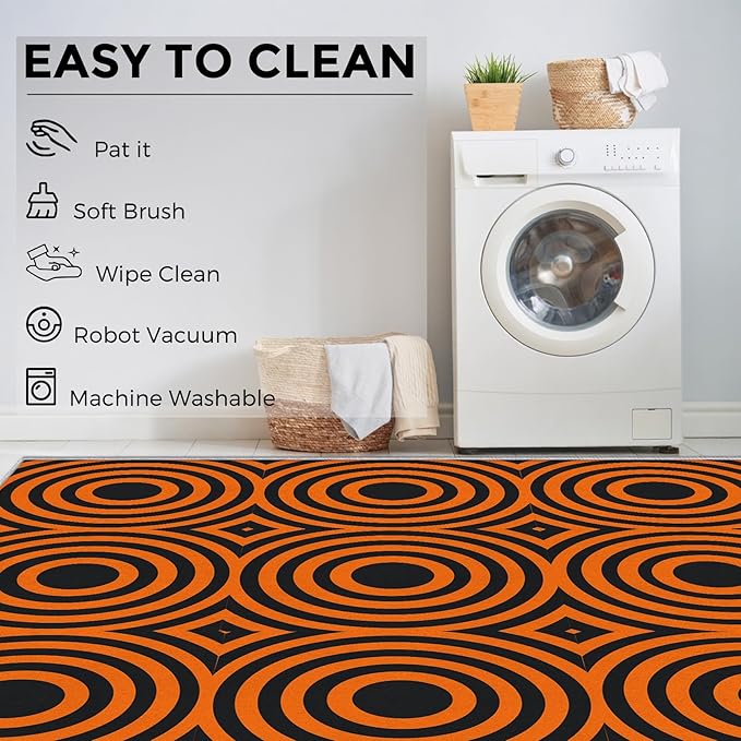 6x9 Geometric Circle Rugs for Bedroom Decor, Washable Retro 60s 70s Geometry Pattern Area Rug, Living Room Home Decoration, Non Slip Soft Thin, Black Orange Decor Carpet PF-P 49