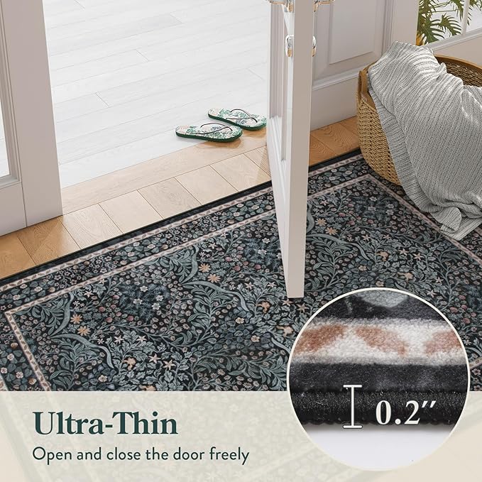Lahome Floral Entryway Rug, 2x3 Kitchen Rugs Non Slip Washable Boho Black Forest Design, Soft Door Mat Indoor Entrance, Ultra-Thin Easy Clean Small Throw Carpet for Bedroom Bathroom, Black