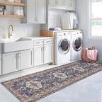 KOZYFLY Runners for Hallways 2.6x12 Ft Extra Long Washable Kitchen Boho Runner Rug for Entryway Indoor Gold Navy Printed Faux Wool Stair Runner Floor Carpet Runner for Stair Kitchen Hall