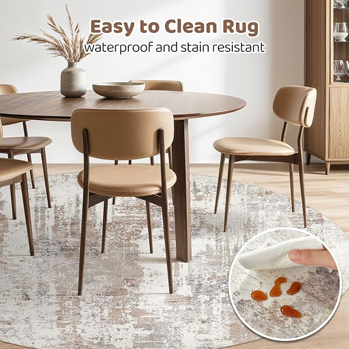 Round Rug Living Room Rugs: 8Ft Washable Circle Large Abstract Modern Soft Stain Resistant Non Slip Indoor Floor Carpet for Bedroom Nursery Office Dining Room Dorm Home House Decor- Brown
