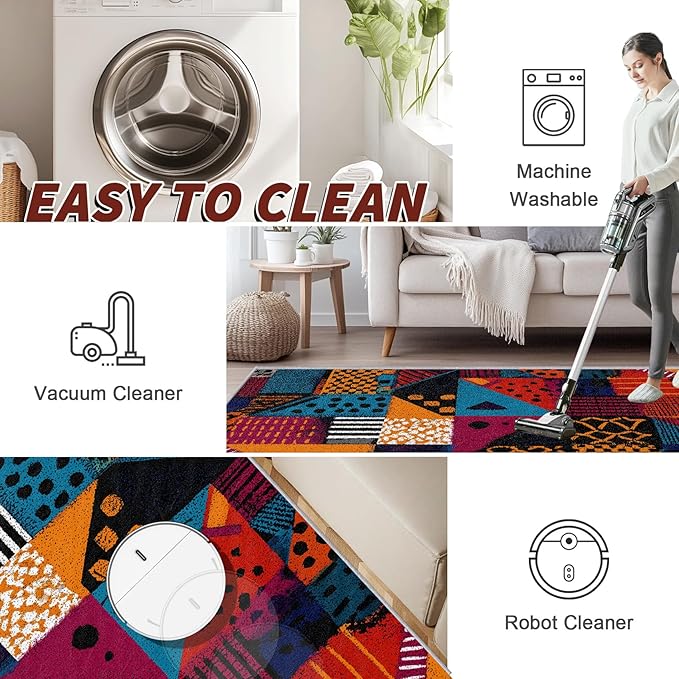 Geometric Area Rugs - Abstract Patchwork Ethic Rug 4x5, Multicolor Retro Aesthetic High Traffic Shed Resistant Carpets Room Decor #C017