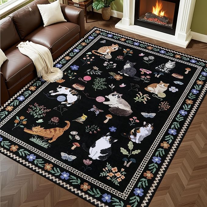 6x9 Area Rugs Living Room Rug: Vintage Washable Rug Floral Soft Carpet Indoor Floor Non-Slip Boho Stain Resistant Large Carpets for Bedroom Kids Nursery Dining Room Farmhouse Home Office Black/C01