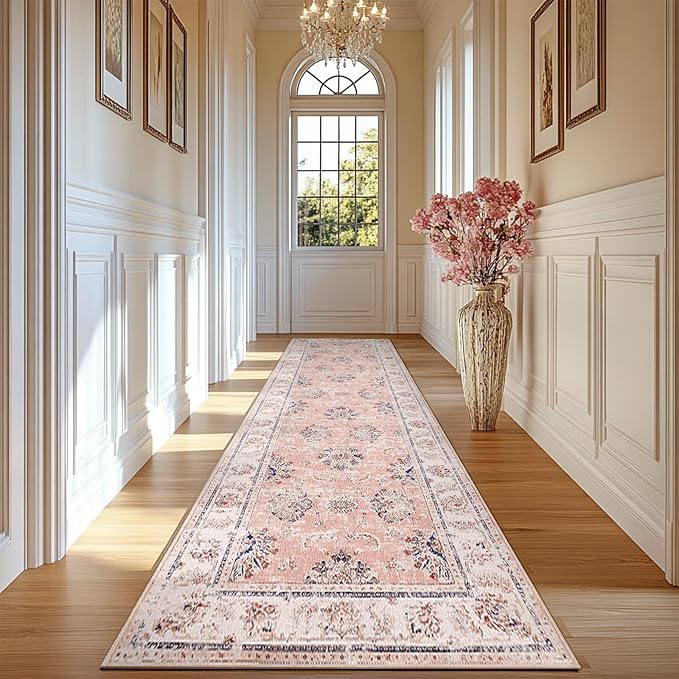 jinchan Fiora Long Hallway Runner Rug 2x12 Machine Washable Runner Rug Pink Vintage Floral Design Non-Slip Ultra-Thin for Kitchen Laundry Room Bedroom Farmhouse (2‘x12', Pink)