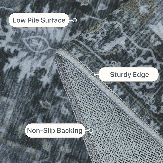 GENIMO 8x10 Area Rugs for Living Room, Machine Washable Non Slip Vintage Rugs, Low Pile Lightweight Chenille Print Rug for Bedroom, Dining Room, Home Office,Dark Gray