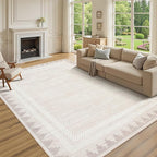 Geometric 8x10 Washable Area Rug for Living Room Dining Room Non Slip Soft Foldable Indoor Carpet Bordered Printed Large Modern Bedroom Rugs Stain Resistant, Beige