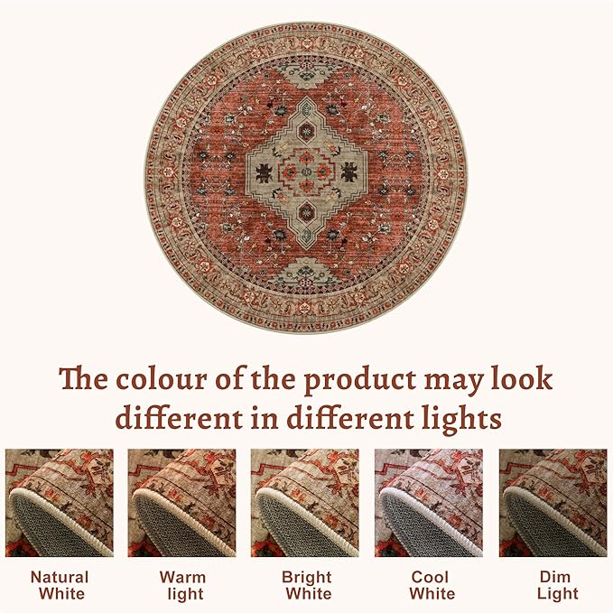 Tangsoo Round Area Rug 6ft,Washable Circle Rug, Vintage Non Slip Boho Round Rug,Low Pile Circular Rugs,Large Round Rugs Carpet for Livingroom,Bedroom,Nursery,Dorm,Office,Terracotta