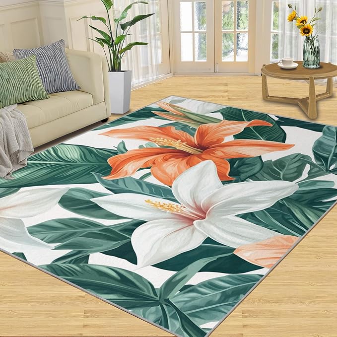 Lily Flowers Rugs for Bedroom - 5x8 Area Rug - Abstract 3D Flowers Rugs for Living Room, Tropical Plants Rug, Washable Home Decor Carpet