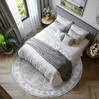jinchan Fiora Round Rug 7ft Area Rug - Grey Vintage Floor Mat Indoor Ultra-Thin Soft Floral Print - Washable Circle 7' Retro Accent for Farmhouse Non Slip Dining Room Living Room Bedroom Office