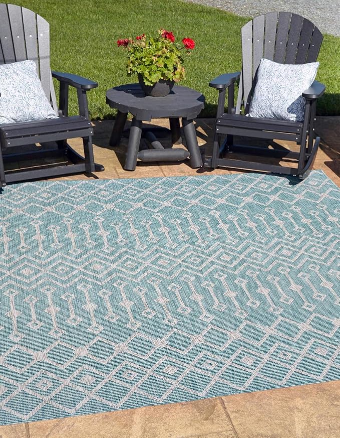 Unique Loom Outdoor Trellis Collection Area Rug - Tribal Trellis (5' 3" Square, Aqua/ Ivory)