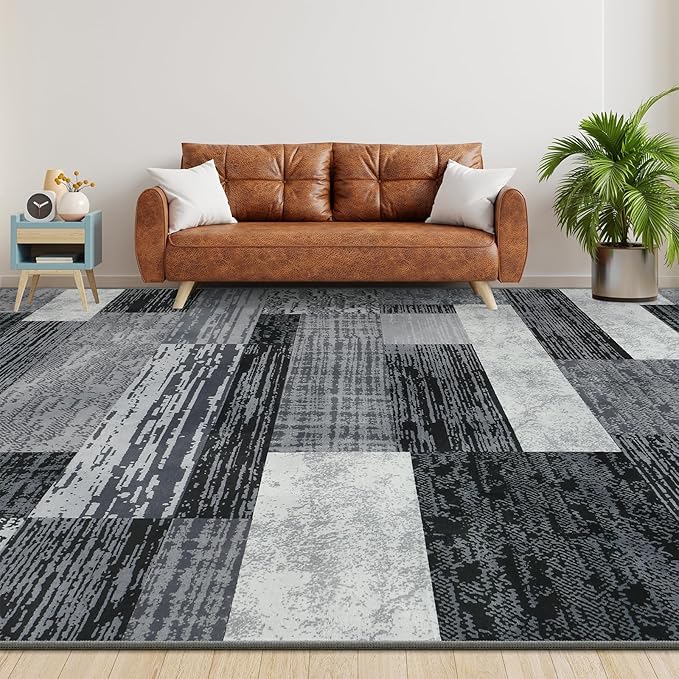Large Area Rugs,Modern Geometric Patchwork Floor Decor for Bedroom Aesthetic Carpet, Rockwood Collection, Indoor Rugs for Living Room, Dining Room, Nursery, Office, Machine Washable Rug,5x8 Ft Grey