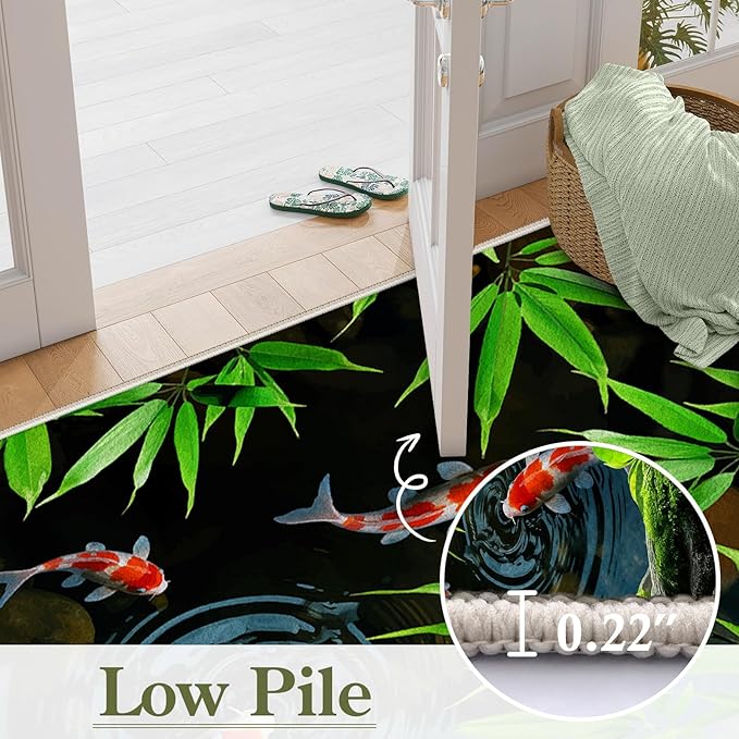 Pond Koi Fish Living Room Rug, 5x7ft, Summer Greenery Moss Stream Indoor Decor Carpet, with Non-Slip Backing Absorbent Thin Mat, Soft Easy Clean Washable Rugs for Office Entryway
