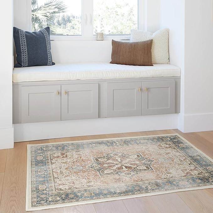 RUGGABLE Washable Vintage Area Rug – Kamran Coral 4x6, Stain-Resistant, Non-Slip – Medium Machine Washable Rugs for Living Room, Bedroom, Hallway, Entryway & Office–with Standard Pad