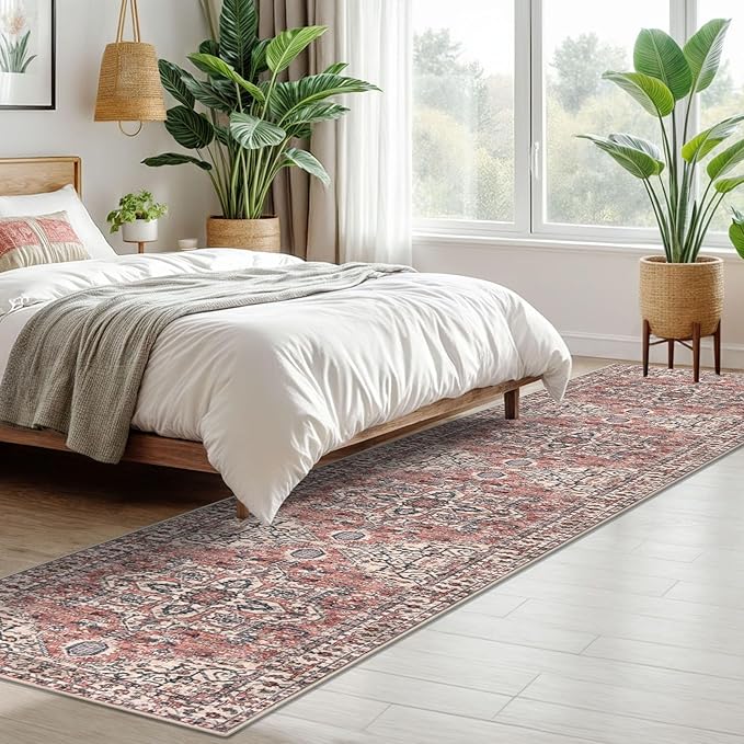 KOZYFLY Long Runners for Hallways 2x10 Ft Washable Kitchen Runner Rug Boho Style Entryway Rug Indoor Printed Faux Wool Stair Runner Carpet for Stairs Bedroom Kitchen Hall, Terracotta/Beige
