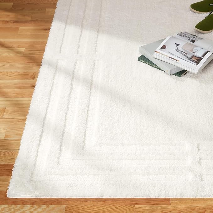 Town & Country Everyday Cloud Shag Plush Border Area Rug with High-Low Pile, Ivory, 5'2"x7'2"