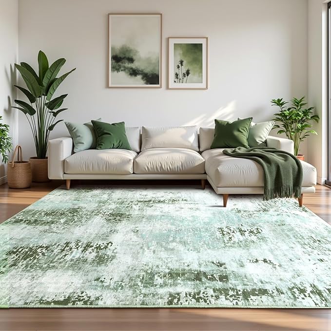 Washable Abstract Rug, 4x6 Modern Area Rugs with Non-Slip Rubber Backed for Living Room, Thin but Soft Contemporary Carpet Kitchen Bedroom Decor, Green