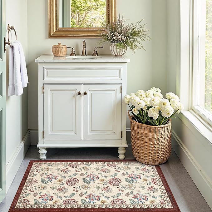 jinchan Elora 3x5 Floral Rug for Entryway Washable Kitchen Rug Vintage Romance Design Small Mat Non Slip Indoor Doormat Lightweight Low-Profile Throw Carpet for Bathroom Laundry Room, Red/Beige