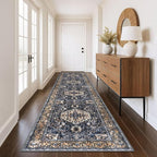KOZYFLY Runners for Hallways 3x12 Ft Extra Long Washable Kitchen Thin Runner Boho Runner Rug for Entryway Indoor Printed Faux Wool Stair Runner Floor Carpet for Stair Kitchen Hall, Gold/Navy