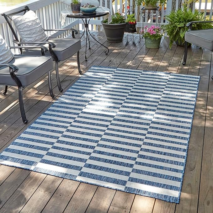 Unique Loom Outdoor Striped Collection Area Rug - Striped (5' 3" x 7' 1" Rectangle Blue/Ivory)