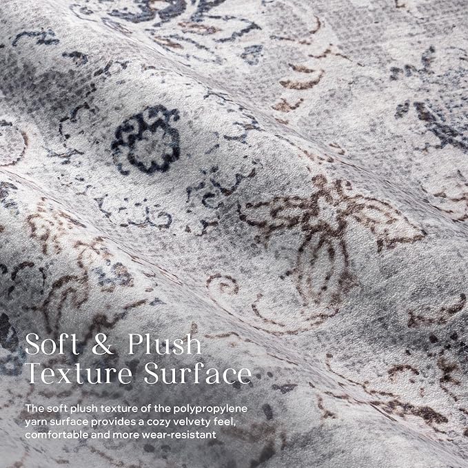 Phantoscope Washable Area Rug 8'x10' Non-Slip, Vintage Neutral Rugs for Living Room, Bedroom, Dining Room, Distressed Boho Floral Medallion Pattern, Low-Pile Foldable Floor Carpet, Light Grey/Neutral