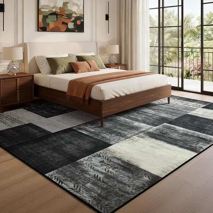DweIke Large Modern Washable Area Rugs 8x10, Living Room Rug Non-Slip and Non-Shedding Large Rugs for Bedroom, Low Pile Indoor Rubber Backed Carpets for Dining Office Home Decor, Black and White