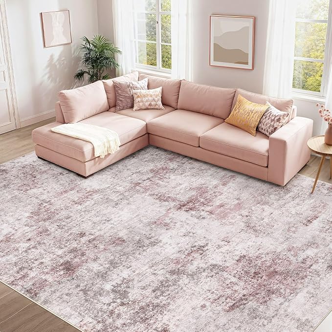 6x9 Area Rug Living Room Rugs - Washable Neutral Modern Abstract Soft Thin Large Rug Indoor Floor No Slip Rug Carpet for Bedroom Under Dining Table Home Office Decor - Pink