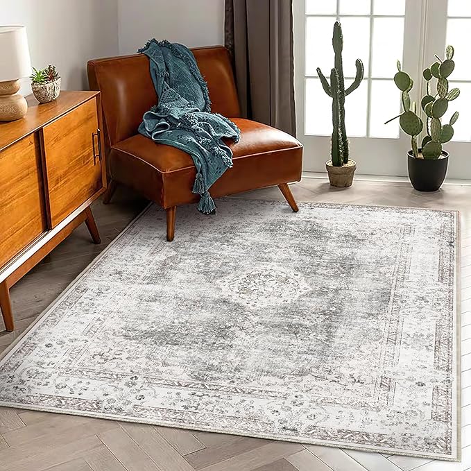 Washable Area Rug 4'x6' Vintage Traditional Floor Cover Foldable Thin Rugs Retro Kitchen Indoor Distressed Non Slip Carpet Floral Print Mat Bedroom Living Room
