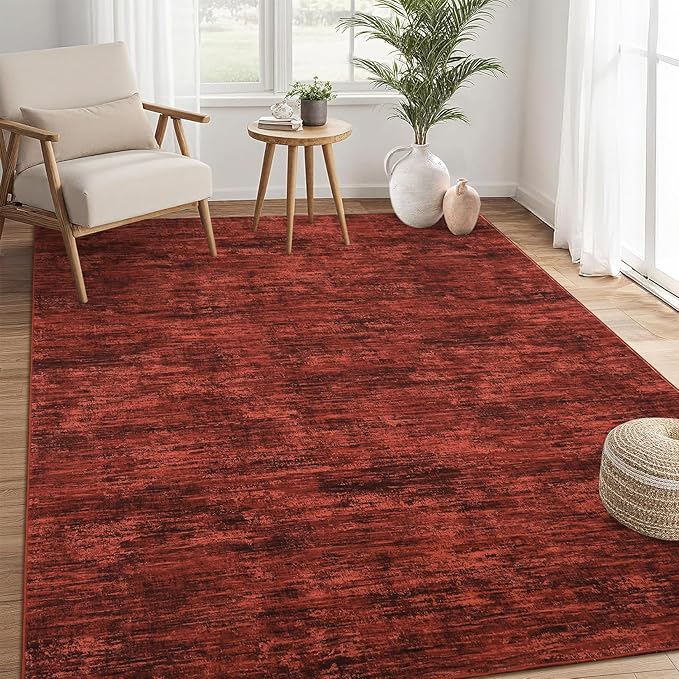 RUGSREAL Area Rug 5x7 Machine Washable Area Rug for Living Room Non-Slip Stain Resistant Modern Abstract Bedroom Rug Contemporary Solid Throw Rug Foldable Accent Floor Carpet for Dining Room, Red