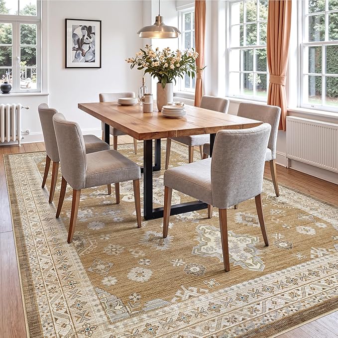DEXI 4x6 Area Rug for Living Room, Washable Vintage Farmhouse Thin Rug Indoor Floor, Non Slip Stain Resistant Low Pile Carpet for Dining Room Bedroom Office, Light Brown