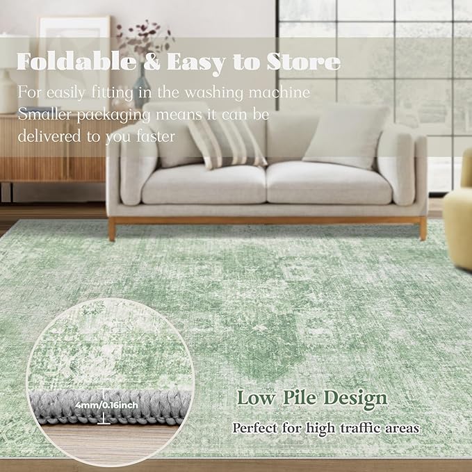 Area Rug 10x14 Washable Rug, Vintage Boho Medallion Rugs Non-Slip Soft Low Pile Large Distressed Rug Indoor Retro Carpet for Living Room Bedroom Dining Room Home Office (Sage Green, 10'x14')