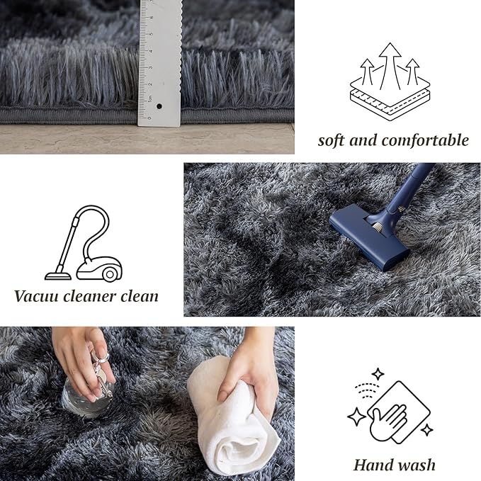 4x6 Area Rugs for Living Room Bedroom, Soft Fluffy Shaggy Bedside Rug, Indoor Floor Carpet for Kids Playroom, Dorms, Nursery Rooms, Home Decor (Tie-Dyed Dark Grey 4'x6')