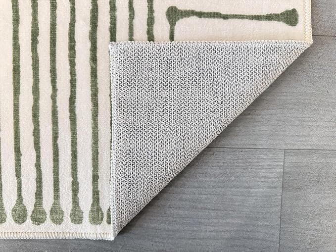 GLN Rugs Contemporary Collection - Machine Washable Area Rug, Contemporary Washable, Non Slip, Low Pile Chenille Rug, Living Room, Bedroom, Kitchen Rug (6' x 9' Green Beige)