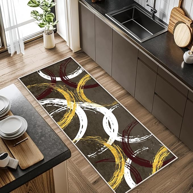 Gold White Red Circle Pattern Runner Rug, 2x10ft Washable Hallway Entrance Rugs - Corridor & Foyer Long Accent Rug, Modern Stylish Decor Carpet for Home Runner Non-Slip Mat