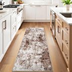 3x10 Washable Runner Rugs for Hallway: Easy-to-Clean Abstract Runners for Entryway Bedroom - Stain and Water Resistant Rugs with Non-Slip Backing - Soft Low-Pile Carpet Brown Khaki White