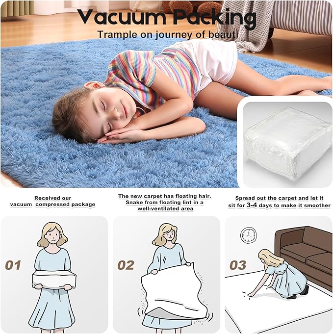2x3 Blue Rugs for Bedroom Living Room, Fluffy Small Area Rug Soft Shag Carpet for Kids Boys and Girls Room with 4 Rugs Non-Slip Stickers Dorm Home Decor (2ft x 3ft)