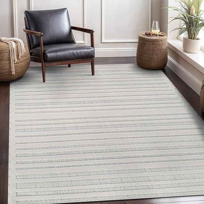 CAMILSON Modern Rug 8x10 Luxury Striped Line Micro Loop Area Rugs Soft High-Low Pile Stain Resistant Easy to Clean Non-Shedding Durable Living Room Kitchen Indoor Carpet (White)