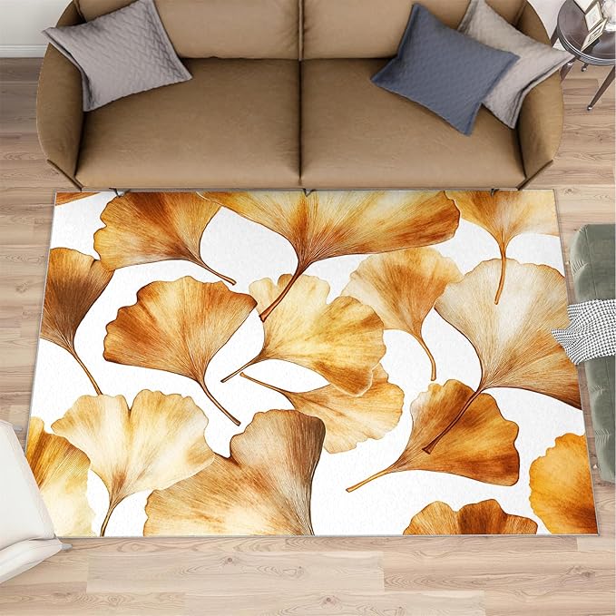 Golden Leaf Rugs for Bedroom - 5x7 Area Rug - 3D Ginkgo Leaf Rugs for Living Room, Modern Simple Art Rug, Non-Slip Washable Home Decor Carpet